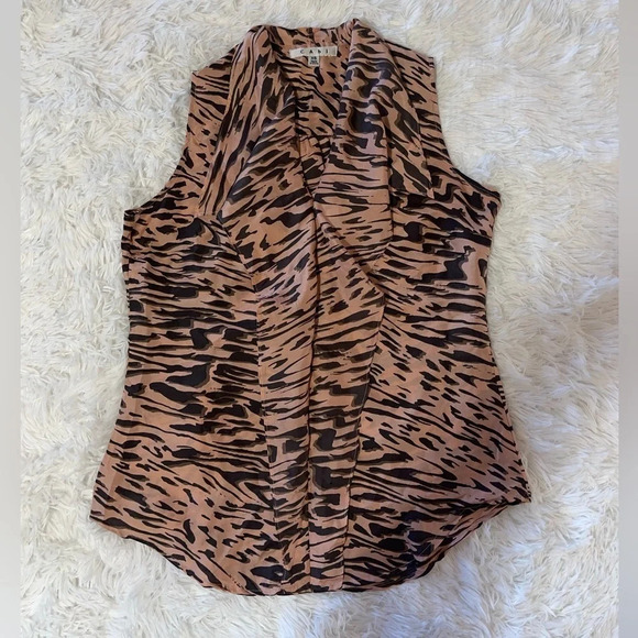 CAbi 100% Silk Pink Zebra Striped Ruffled Sleeveless Blouse Women’s Size XS - Picture 3 of 9